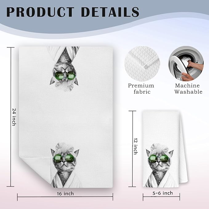 Funny Sunglasses Cat Hand Towels for Bathroom Kitchen, Cat Lover Mom Lady Gifts Bathroom Hand Towels, Funny Kitten Decorative Kitchen Dish Towels Drying Cloth, 16x24 Inch