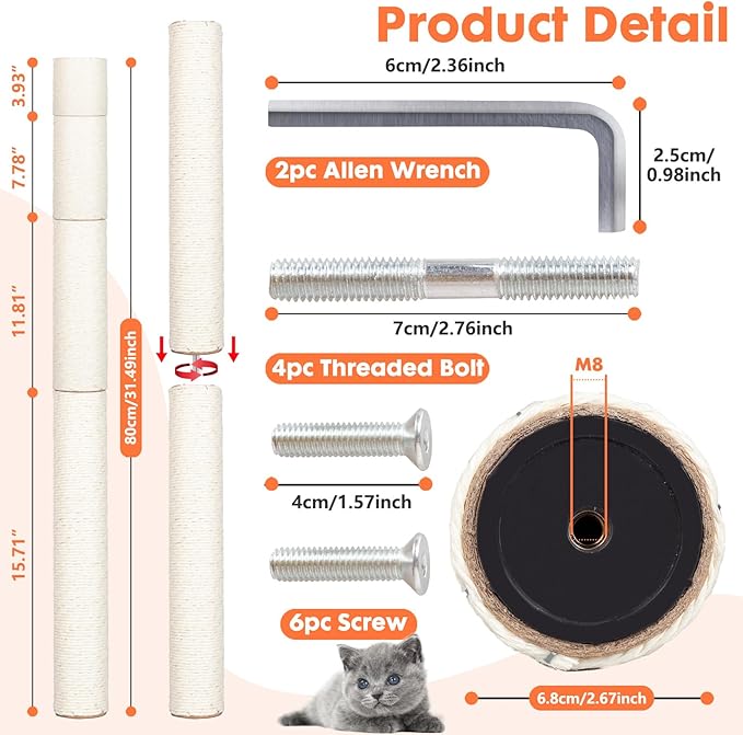 PowerKing Natural Sisal Replacement Scratching Post, 4 Pieces M8 Cat Scratch Post Refill Pole Parts for Refurbishment, White, Include Screws, 15.74''+11.88''+7.87''+3.93''