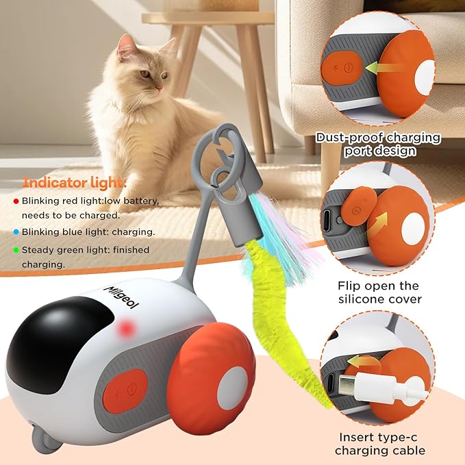 Turbo Tail 3.0, Teazys Cat Toy Turbo Tail, Smart Remote Control Electric Interactive Cats Toy, Type-C Rechargeable Turbo Tail Mouse Cat Toy with Feathers (2pcs Orange)