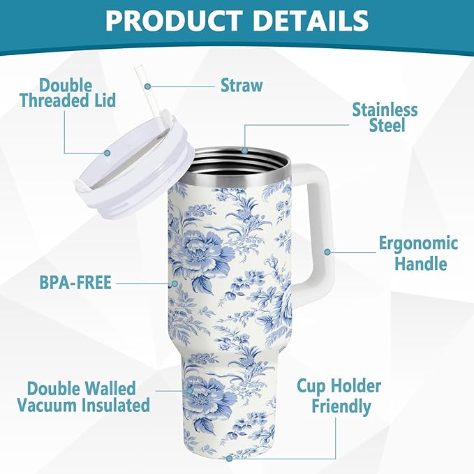 Boccsty Vintage French Floral Insulated Tumblers Blue Pattern Reusable Stainless Steel Tumbler 30 oz Cup Coffee Travel Mug Water Bottle with Handle & Flip Straw for Home Office Car