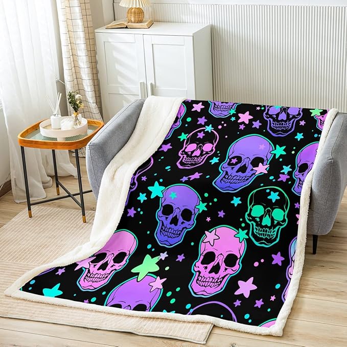 Sugar Skull Trippy Galaxy Queen Size Purple Pink Death Skull Throw Blanket for Couch, Psychedelic Stars Sherpa Blanket, Hippie Room Decor for Kids Teens