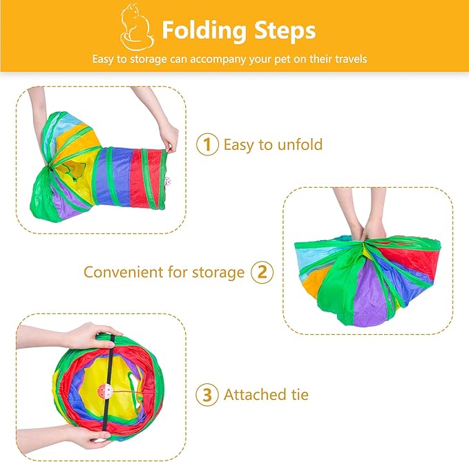 Cat Tunnel, Collapsible Tube with 1 Play Ball Kitty Toys, 3 Ways Cat Tunnels for Indoor Cats, Puppy, Kitty, Kitten, Rabbit (Rainbow)