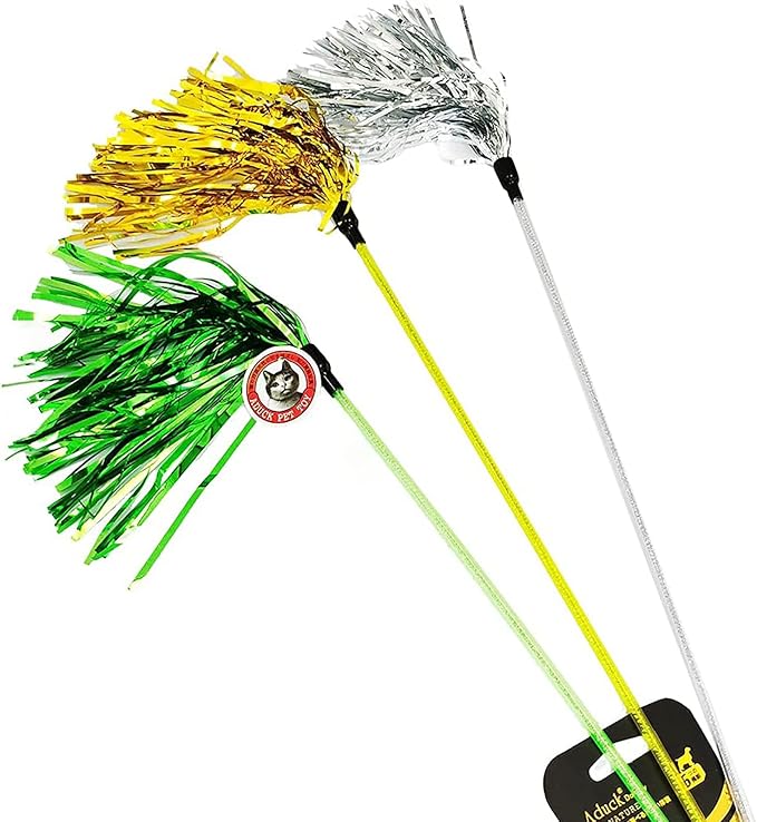 ADUCK Cat Toys Interactive Teaser Wand Toy with Tassels Worms Catcher for Cats Kitten (Pack of 3 Gold + Silver + Green)