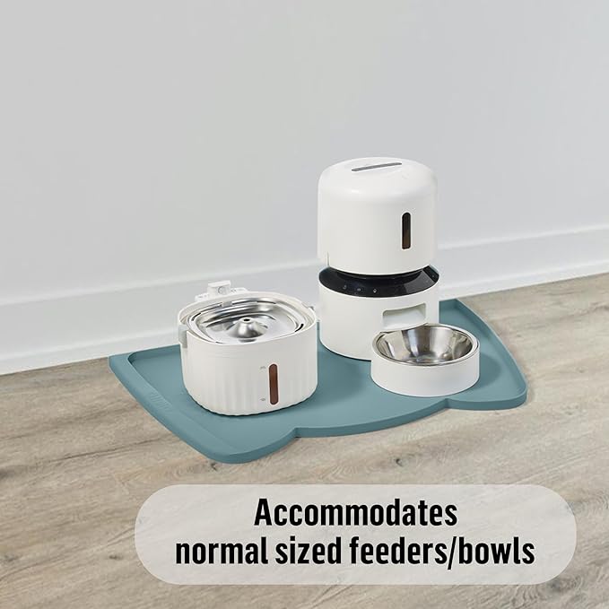 OHMO Dog Food Mat(Light Blue, 24 * 15'') w/Residue Collection Pocket Silicone Pet Feeding Mat for Floor High Edges Anti Spills Waterproof Cat Water Bowl Tray, Easy Clean Placemat