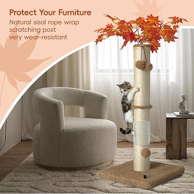 MECOOL Cat Scartching Post，35-inch Heavy Duty and Thicker Large Scartching Posts for Indoor Cats,Natural Sisal Rope and Hanging Ball Toy, Self-Grooming Brush,Beige