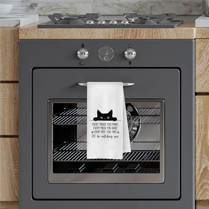 Black Cat Kitchen Towels - Black Cat Decorative Waffle Weave Dish Towels, Black Cat Gifts Hand Tea Towels, Cat Towels for Cat Lovers, Cat Mom Gifts, 16x24 Inch