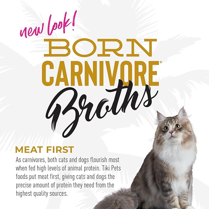 Tiki Cat Born Carnivore Broths, Chicken Recipe, Hydration and Flavor Supplement Cat Food Topper, 1.3 oz. Pouch (Pack of 12)