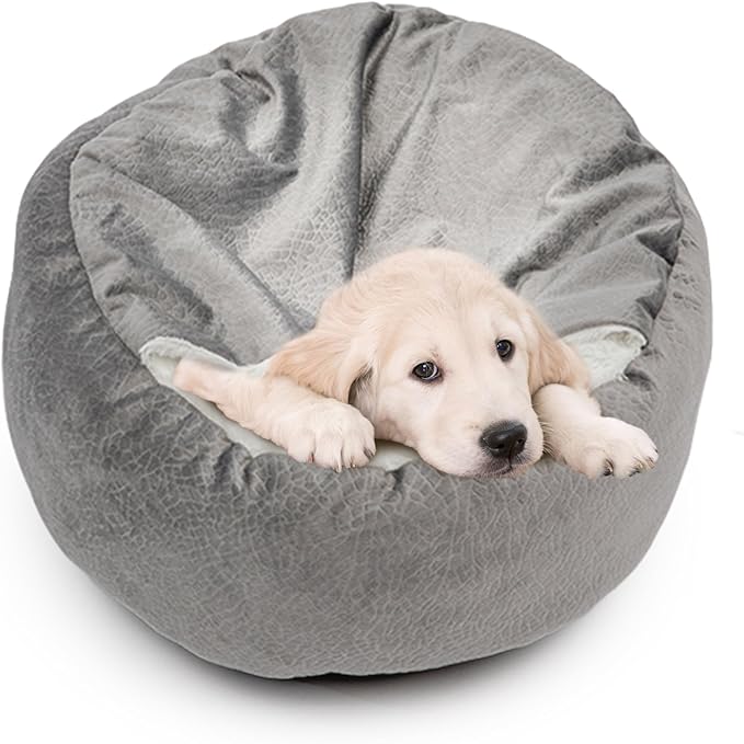 Dog Bed Warm with Hooded Blanket, Anti-Anxiety Puppy Pet Bed Cave Super Soft, Non-Slip Bottom, Machine Washable, Cozy Donut Indoor Pet Beds Fluffy for Dogs and Cats, Fits up to 33 lbs, 27.6 inch Grey