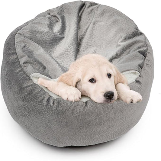 Dog Bed Warm with Hooded Blanket, Anti-Anxiety Puppy Pet Bed Cave Super Soft, Non-Slip Bottom, Machine Washable, Cozy Donut Indoor Pet Beds Fluffy for Dogs and Cats, Fits up to 33 lbs, 27.6 inch Grey