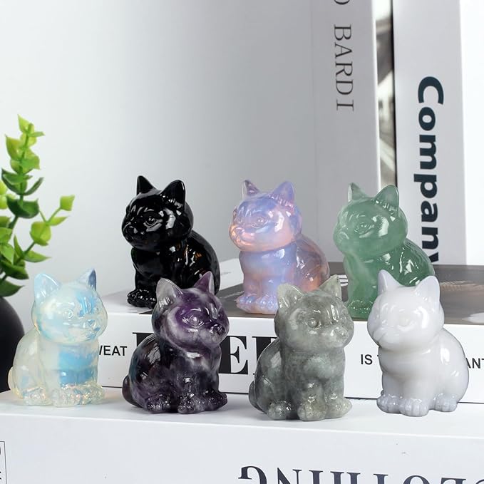 1.6 Inch Crystal Cat Statues, Fluorite Crystal Cat Figurines, Healing Crystal Kitty Figurine Decor, Cute Lucky Cat Statues for Gifts, Handcrafted Crystal Figurines for Home Ornaments