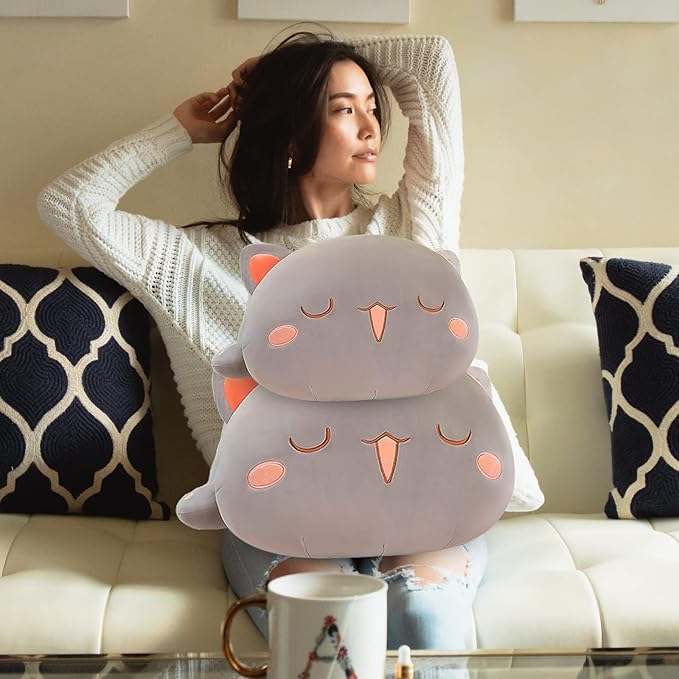 FUYU Cat Stuffed Animals, Soft Cat Plush Pillow Kawaii Kitten Stuffed Animal Toy Gifts for Kids Boys Girls Room Decor (Gray Squinted,15in/37cm)