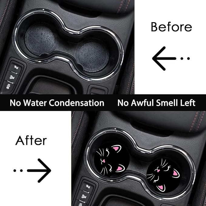 Car Coasters for Cup Holders,2 Pack Black Cat Car Coasters,2.75" Universal Size Anti Slip Rubber Mat,Automotive Cup Holder Decal Decor Accessories,Cute Cat Gifts for Women,Men,Mom