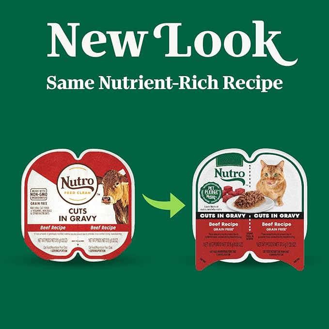 NUTRO Grain Free Natural Wet Cat Food Cuts in Gravy Beef Recipe, 2.64 oz. PERFECT PORTIONS Twin-Pack Trays, Pack of 24