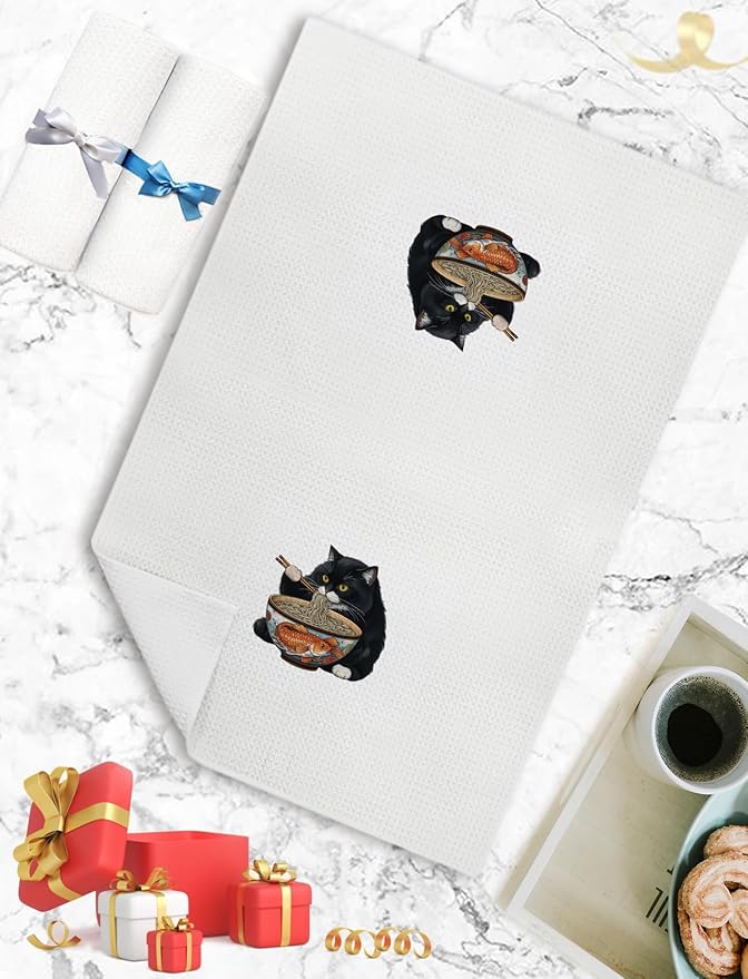Black Cat Kitchen Hand Towels Bathroom Decor, Funny Japanese Noodle Cat Dish Towels Tea Towels for Kitchen,16x24 Inch