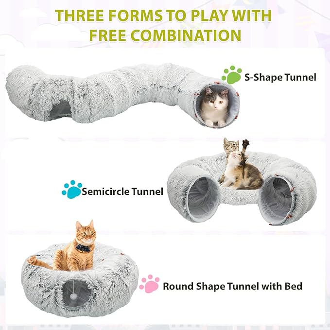 KOMUSMO Cat Tunnel Bed with Central Mat and Hanging Ball Toy, Large Cat Cave Donut for Indoor Cats, Soft Plush Fluffy Peekaboo Cat Bed Cave Collapsible for Small Medium Large Cats Kittens