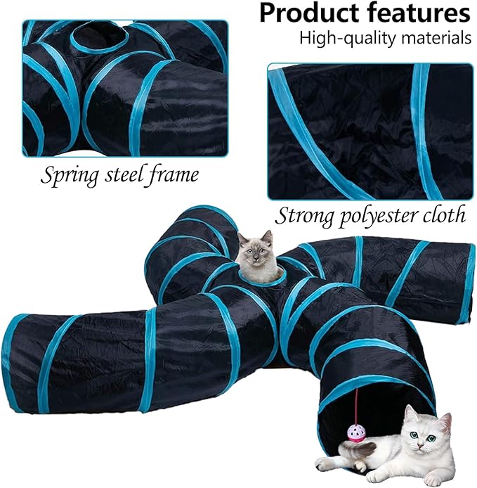 EGETOTA Cat Tunnel for Indoor Cats Large, with Play Ball S-Shape 4 Way Collapsible Interactive Peek Hole Pet Tube Toys, Puppy, Kitty, Kitten, Rabbit (S4 - Black & Blue)