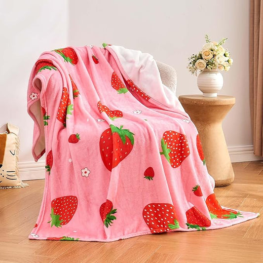 Pink Strawberry Kids Throw Blanket for Girls Teens Toddler Pink Soft Fuzzy Flannel Bed Blanket Birthday Gifts for Women Girls Kids Teens Adults, 50”x60”