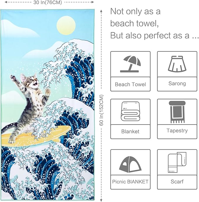 Funny Cat Beach Towel, Surfer Cat Beach Towel Battle Blue Ocean Great Wave Cotton Blend Soft Velour Absorbent for Kids Men Women Camping Towel for Gym, Hiking, Pool, Bath, Yoga,Travel Vacation