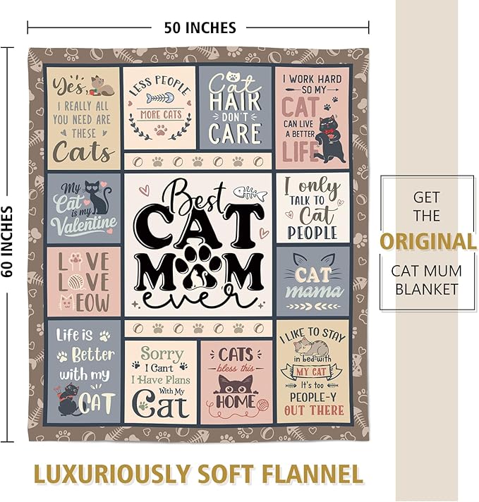 SteadStyle Cat Mom Gifts - Best Ever Blanket for Cat Lovers, Funny Cats Lady Presents for Women, Cozy Cats-Themed Gift for Birthday, Christmas, Mother’s Day 60'' x 50''