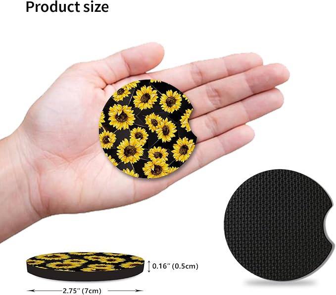 2 Pack 2.75" Sunflowers Coasters Absorbent for Women & Men Auto Drink Coasters Mats Vehicle Car Coaster for Interior Holder Accessory Insert Cars Cup Accessories