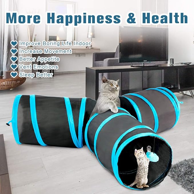 Cat Tunnel, Collapsible 3 Way Play Pet Cat Tunnels for Indoor Cats Outdoor Tube Toys with Pom Ball for Rabbits Kittens Dogs
