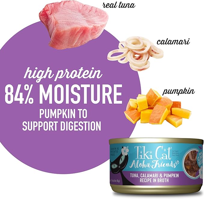 Tiki Cat Aloha Friends, Tuna, Calamari & Pumpkin, Grain-Free & High Moisture, Wet Cat Food for All Life Stages 3 oz. Cans (Pack of 12)