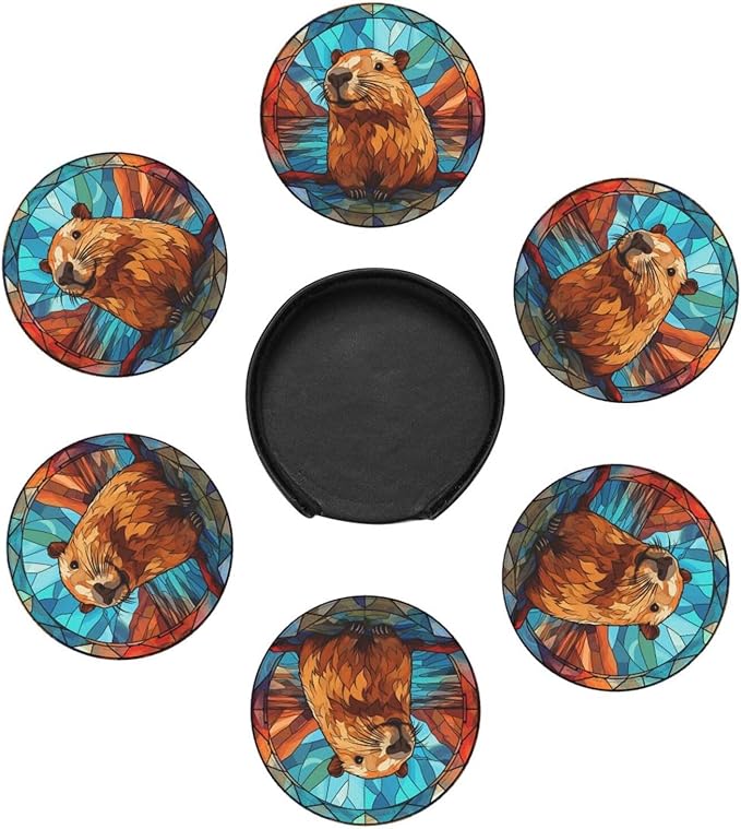 Capybara Drink Coaster Set of 6 With Holder - Leather Coasters for Table/Drinks/Coffee Protection - Housewarming Gift