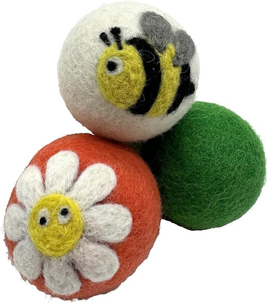 Hustle & Blush Wool Felt Balls 3 Pack Love Ewe Pet Supplies - 2in Felted Wool Cat Toys 100% New Zealand Wool Felt Cat Toys Handmade Wool Felt Balls, Colorful Wool Balls for Cats - Flower and Bee
