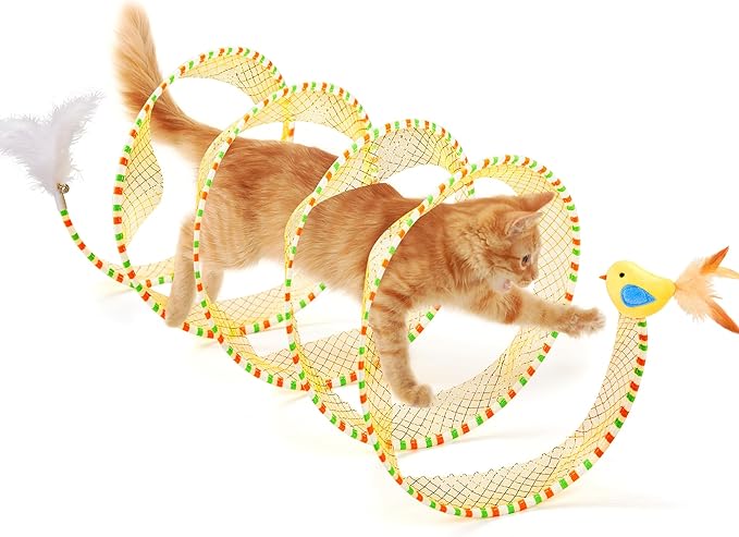 Potaroma Cat Tunnel Toy, Self Play Spiral Cat Play Kitten Tunnel Toy, Collapsible Tunnel Toy for Indoor Cats with Feather and Bell, 18 Inches Unfolded