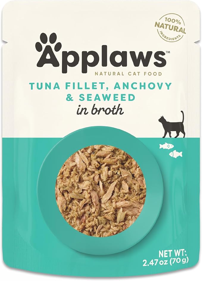 Applaws Natural Wet Cat Food in Broth, Limited Ingredient Wet Cat Food Pouches, No Additives, Made with Natural Ingredients, Tuna with Anchovt & Seaweed in Broth (12 x 2.47oz Pouches)