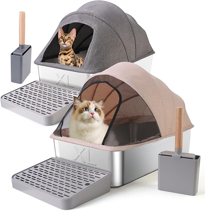 2 Pack Large(24 * 16 * 17" H) Stainless Steel Cat Litter Box with Lid, Extra Large Metal Litter Box for Big Cats, Litter Box Includes Litter Scoop Scoop Holder Footpad Easy Cleaning Non-Sticky