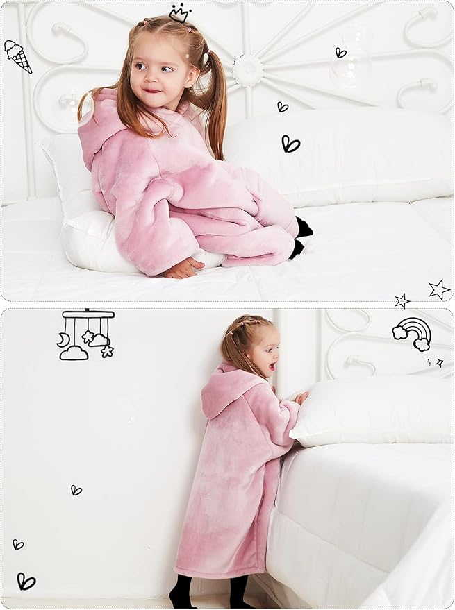 KFUBUO Wearable Blanket Hoodie for Kids Toddlers Sherpa Blanket Sweatshirt With Pocket Cute Hoodies 2-6 Year Old Girl Cute Birthday Gifts Pink