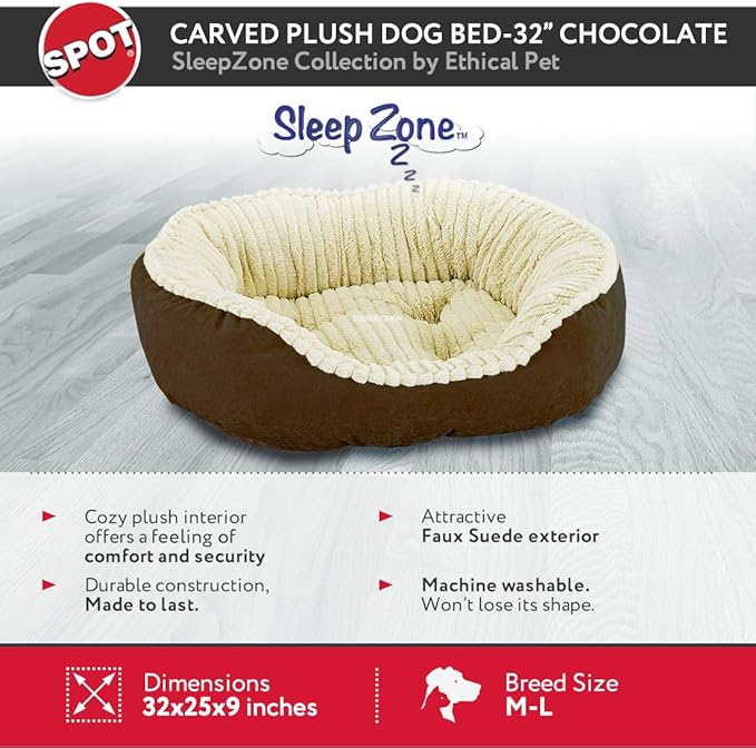 Sleep Zone Faux Suede Carved Plush Lounger, Cuddler, Napper Dog Bed - Fabric Bottom - 32X25 Inches / Chocolate / Attractive, Durable, Comfortable, Washable. By Ethical Pets