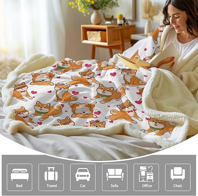 BlessLiving Cute Watercolor Dogs Pattern Fleece Blanket Shiba Inu Puppy Sherpa Reversible Throw Animal Print Plush Blanket (Twin, 60 x 80 Inches)