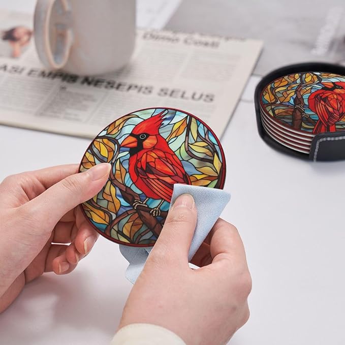 Cardinal Drink Coaster Set of 6, Cardinal Decor Gifts, Leather Drink Coasters with Holder, 6 Pack Cup/Bar/Drink Coasters for Table/Drinks/Coffee Protection Housewarming Gift