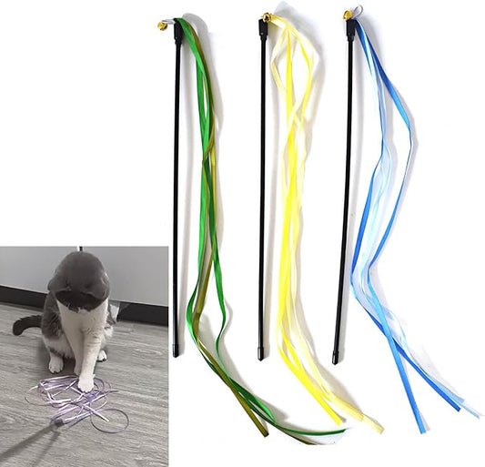 Cat Wand Toys, 3 PCS String Cat Toys Colorful Ribbon Cat Stick Interactive Cat Teaser Wand for Cat Kitten Kitty Playing Toy