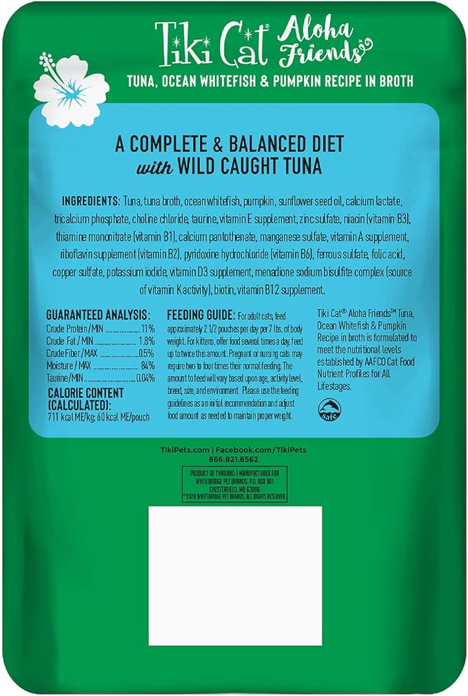 Tiki Cat Aloha Friends, Tuna, Ocean Whitefish & Pumpkin, Grain-Free & High Moisture, Wet Cat Food for All Life Stages 3 oz. Pouch (Pack of 12)