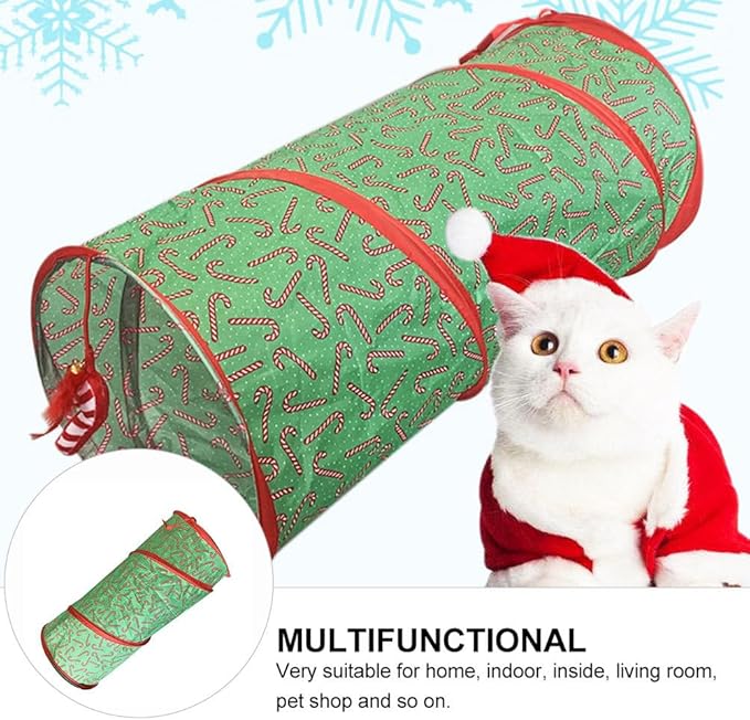 Christmas Cat Tunnel Collapsible Kitty Tunnel Candy Cane Pattern Pet Indoor Toys for Cat Kitten Rabbit