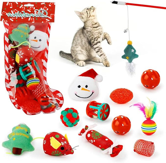 Dorakitten Christmas 12 PCS Cat Toys Cats Chew Plush Catnip Toy Pet Nip Mouse Ball Fish Interactive Pets Kitten Treats Teething Stocking Pack Best Stuffed Play Accessories for Indoor Kitty