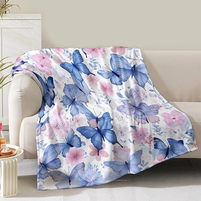 Butterfly Blanket Gifts for Women Mom Girls Wife Birthday Christmas Valentines Presents Blue Butterflies Floral Flower Theme Decor Bedroom Living Room Couch Sofa Kids Adults Soft Flannel Throw 60"x50"