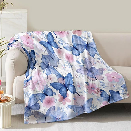 Butterfly Blanket Gifts for Women Mom Girls Wife Birthday Christmas Valentines Presents Blue Butterflies Floral Flower Theme Decor Bedroom Living Room Couch Sofa Kids Adults Soft Flannel Throw 60"x50"