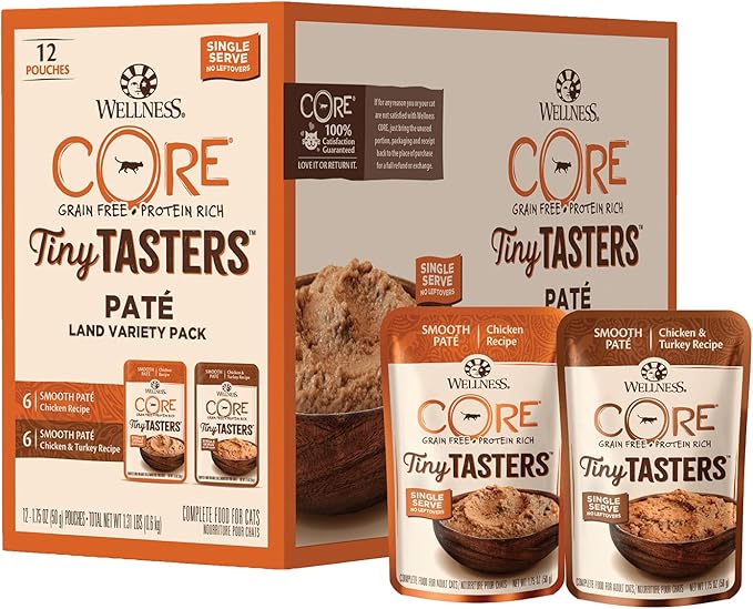 Wellness CORE Tiny Tasters Wet Cat Food Topper, Grain Free, Complete & Balanced Nutrition Made with Real Meat, No-Mess Pouches, (Adult Cat, Land Variety Pack), 1.75 Ounce (Pack of 12)