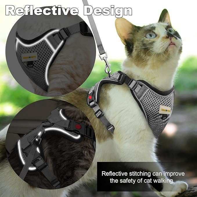 Cat Harness and Leash for Walking, Retractable Cat Harnesses and Leash Set Escape Proof, Breathable Soft Kitten Harness Small Large Cat Harness for Travel Training and Walking, Grey, M