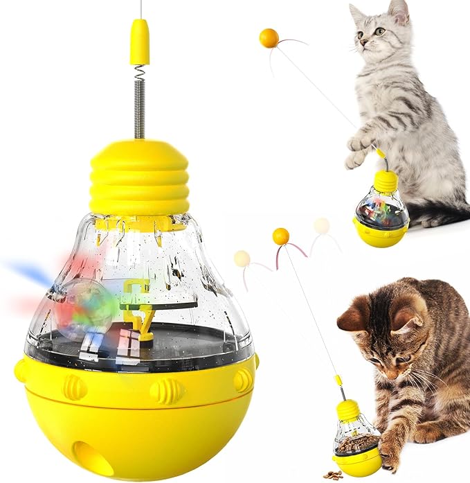 Light Bulb Tumbler cat Toy, Never Knocked Over by Cats, high Elasticity cat Teaser Stick, Slow Food Distribution Toy, Cat's Enlightenment Puzzle Toy - Blue (Yellow)