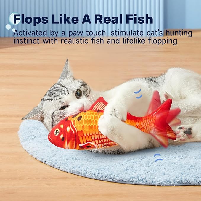 Potaroma Floppy Fish Cat Toy, Interactive Flopping Moving Fish Toy, Catnip & Silvervine Enrichment, Kitten Kicker Exercise Toys for Indoor or Outdoor, Red Koi for All Breeds