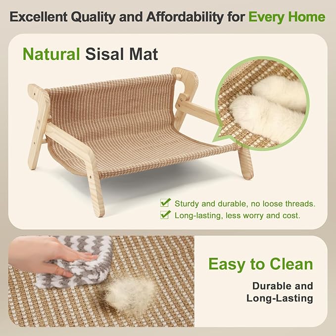 Sisal Cat Bed, Large Cat Beds for Indoor Cats, Easy Clean Sisal Scratcher and Sturdy Natural Wood Cat Couch&hammock Comfy Rustic Cat Furniture for Living Room Bedroom, All Age Up to 50Lbs（21" x 18"）