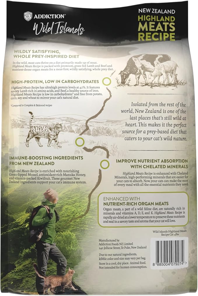 Addiction Wild Islands Highland Meats – Premium Grass-Fed Lamb & Beef Recipe – High-Protein, Whole Prey, Grain-Free Dry Cat Food for All Life Stages – 4lbs