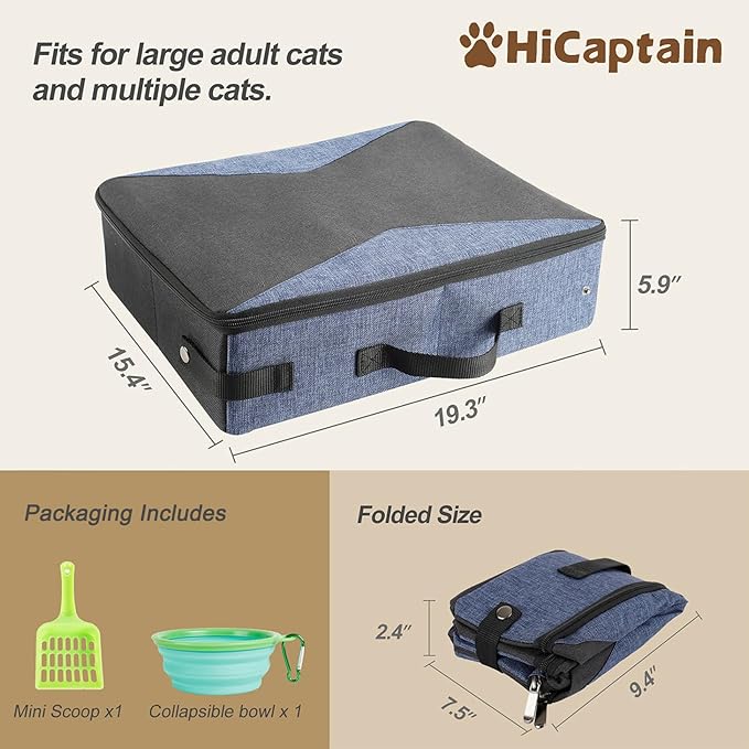 HiCaptain Portable Litter Box for Cats for Travel, Flodable Cat Travel Litter Box with Lid and Handle Standard Collapsible Litter Carrier for Cat (L,Black/Blue)