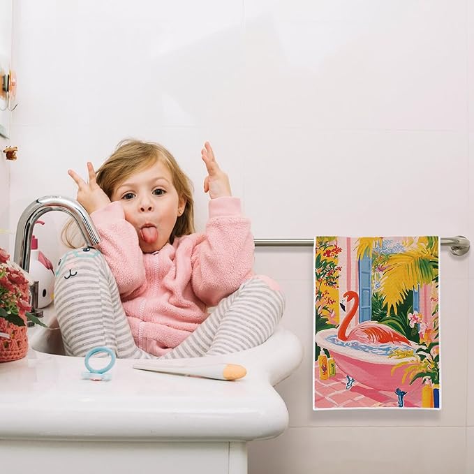 Flamingo Hand Towels for Bathroom, Trendy Maximalist Tropical Botanical Flamingo Hand Towels for Bathroom Decor, 16x24 Inch