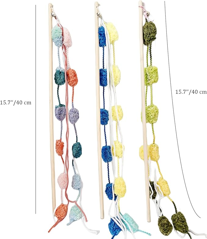 IUHKBH Cat Wands, 3 PCS Interactive Cat Teasing Stick with Vibrant Colours and Bell Plush Srtip Cat Toys Wooden Pole Cat Teaser Wand for All Breed Sizes